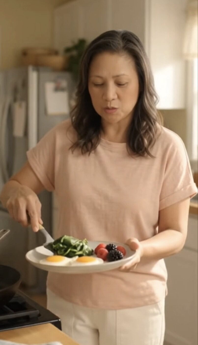 Gina preparing a nourishing breakfast with eggs, greens, and fruit