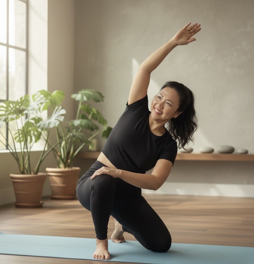 Gina Marie stretching on an exercise mat