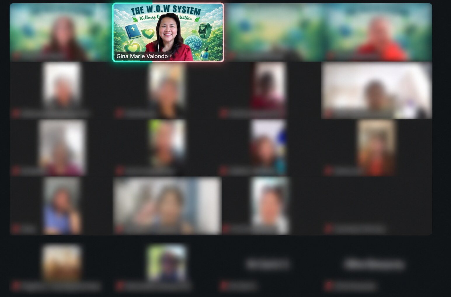 Gina Marie highlighted in an online wellness leadership session; other participants are blurred for privacy
